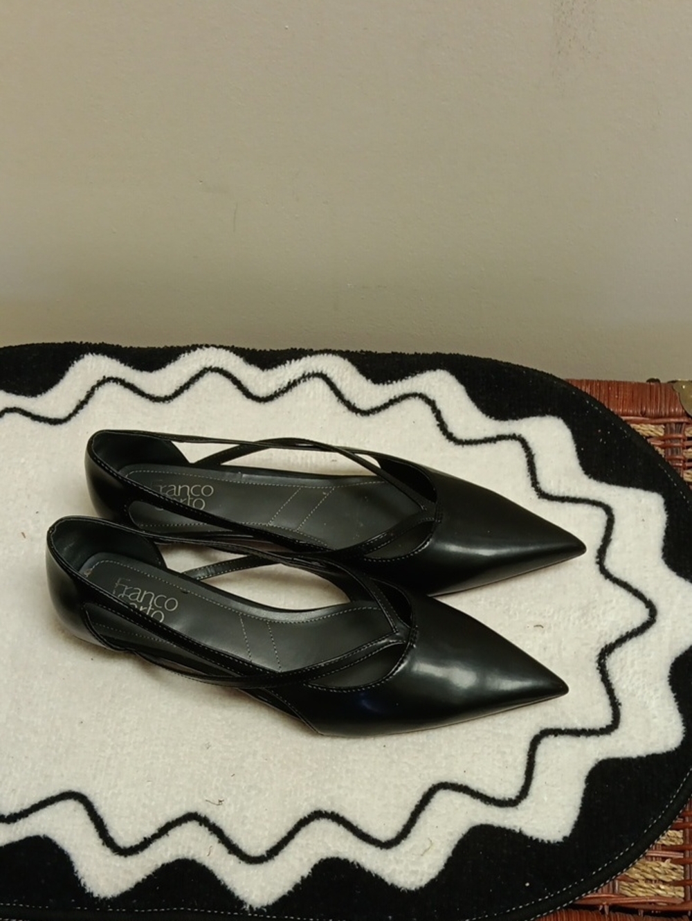 Franco Sarto Black Pointed Toe Cross-Strap Flats